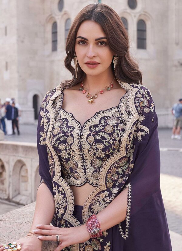 Purple Silk Embroidered Sequins Indowestern Beautiful Palazzo Set Wedding Wear - Image 2