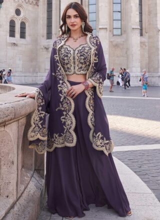 Purple Silk Embroidered Sequins Indowestern Beautiful Palazzo Set Wedding Wear